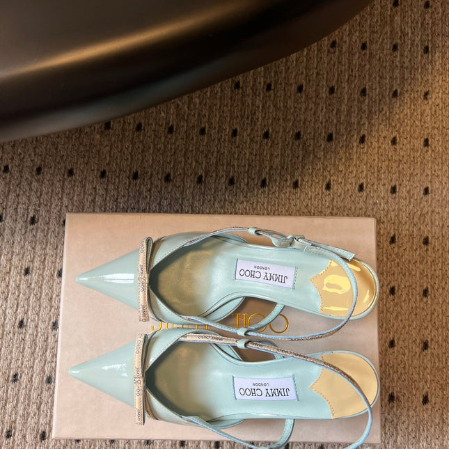 JIMMY CHOO 26S SLINGBACK HEELS 65 MM IN PASTEL BLUE PATENT CALFSKIN