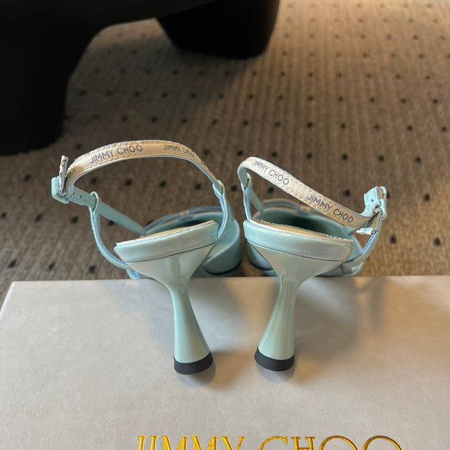 JIMMY CHOO 26S SLINGBACK HEELS 65 MM IN PASTEL BLUE PATENT CALFSKIN