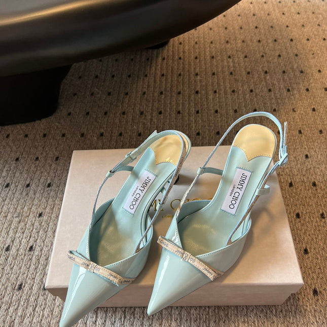 JIMMY CHOO 26S SLINGBACK HEELS 65 MM IN PASTEL BLUE PATENT CALFSKIN