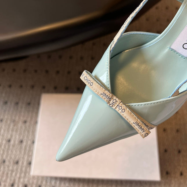 JIMMY CHOO 26S SLINGBACK HEELS 65 MM IN PASTEL BLUE PATENT CALFSKIN