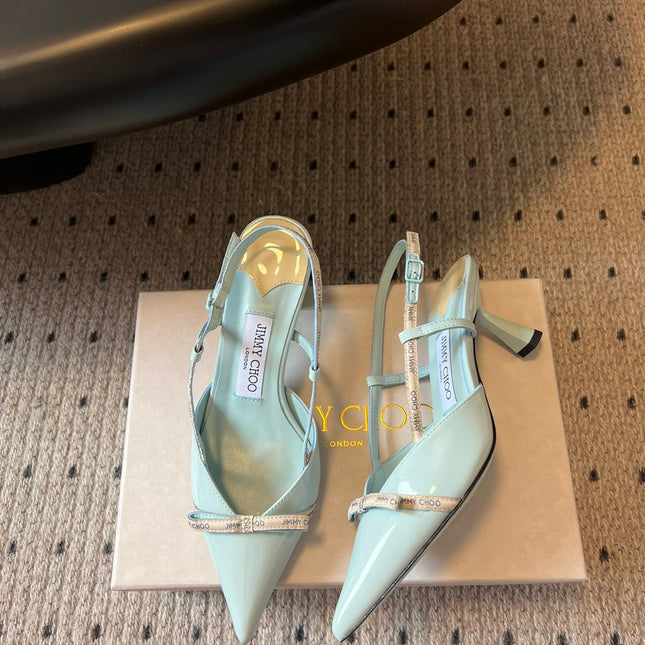 JIMMY CHOO 26S SLINGBACK HEELS 65 MM IN PASTEL BLUE PATENT CALFSKIN