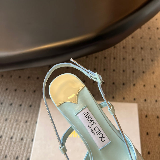 JIMMY CHOO 26S SLINGBACK HEELS 65 MM IN PASTEL BLUE PATENT CALFSKIN
