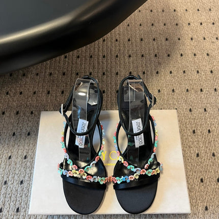 JIMMY CHOO 26S FLORAL HEEL SANDALS 85 MM IN BLACK SATIN AND LAMBSKIN