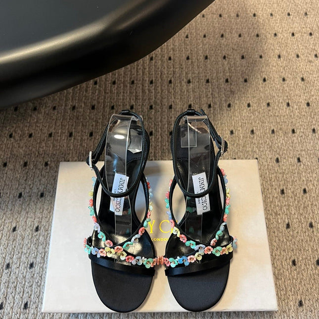 JIMMY CHOO 26S FLORAL HEEL SANDALS 85 MM IN BLACK SATIN AND LAMBSKIN