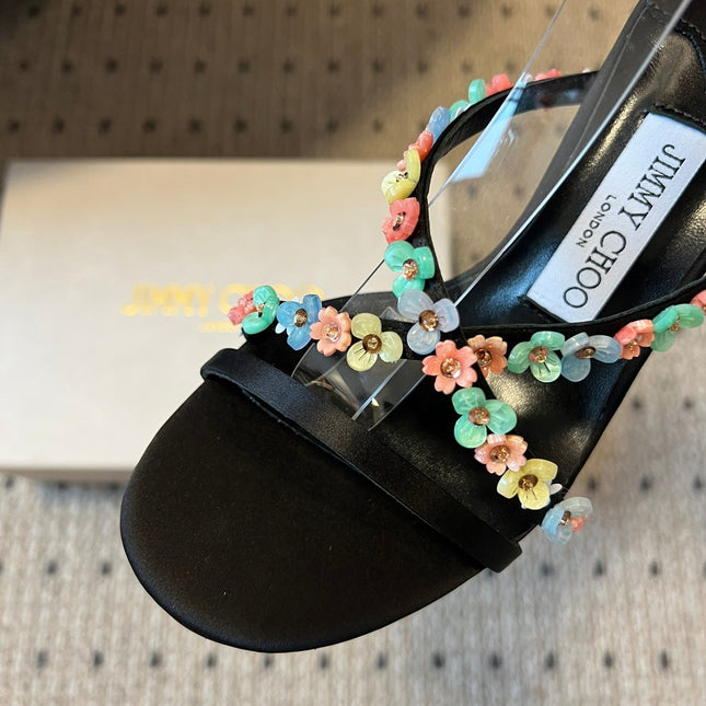 JIMMY CHOO 26S FLORAL HEEL SANDALS 85 MM IN BLACK SATIN AND LAMBSKIN