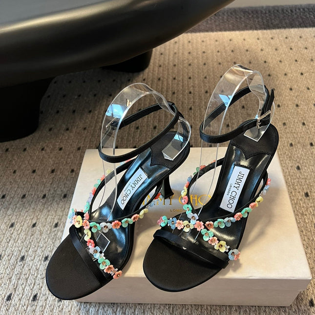 JIMMY CHOO 26S FLORAL HEEL SANDALS 85 MM IN BLACK SATIN AND LAMBSKIN