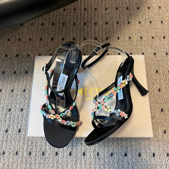 JIMMY CHOO 26S FLORAL HEEL SANDALS 85 MM IN BLACK SATIN AND LAMBSKIN