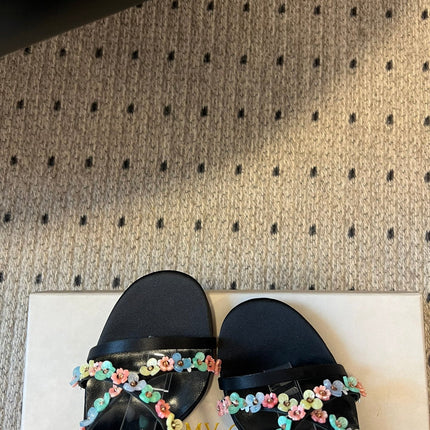 JIMMY CHOO 26S FLORAL HEEL SANDALS 85 MM IN BLACK SATIN AND LAMBSKIN
