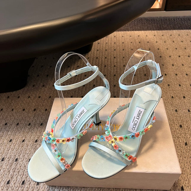 JIMMY CHOO 26S FLORAL HEEL SANDALS 85 MM IN PASTEL BLUE SATIN AND LAMBSKIN