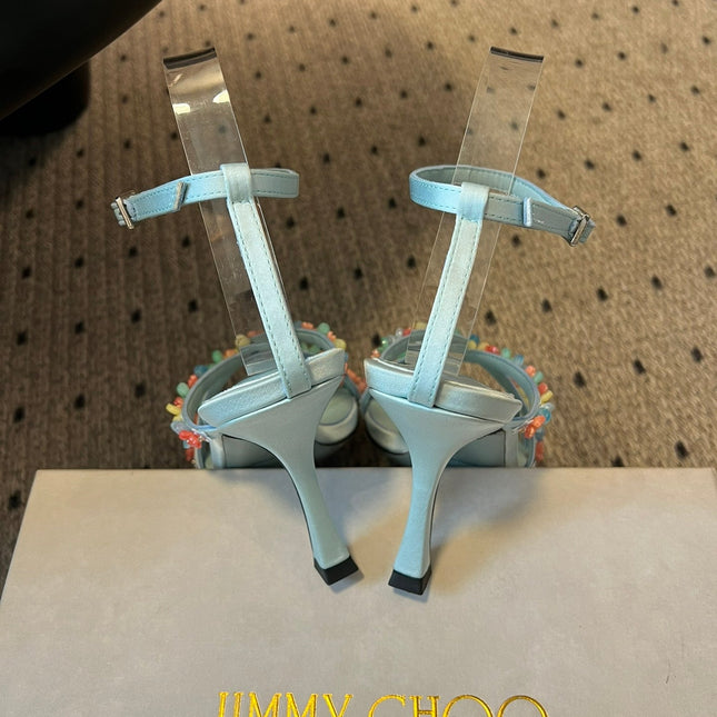 JIMMY CHOO 26S FLORAL HEEL SANDALS 85 MM IN PASTEL BLUE SATIN AND LAMBSKIN