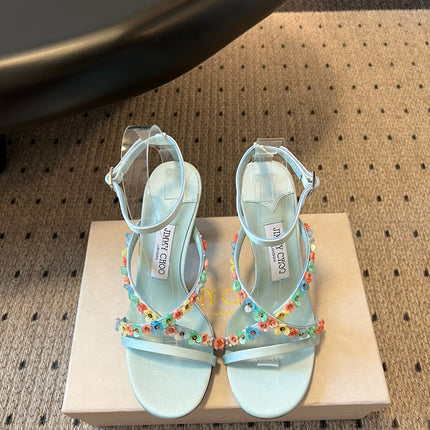 JIMMY CHOO 26S FLORAL HEEL SANDALS 85 MM IN PASTEL BLUE SATIN AND LAMBSKIN