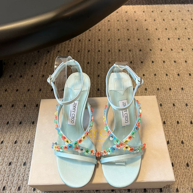 JIMMY CHOO 26S FLORAL HEEL SANDALS 85 MM IN PASTEL BLUE SATIN AND LAMBSKIN