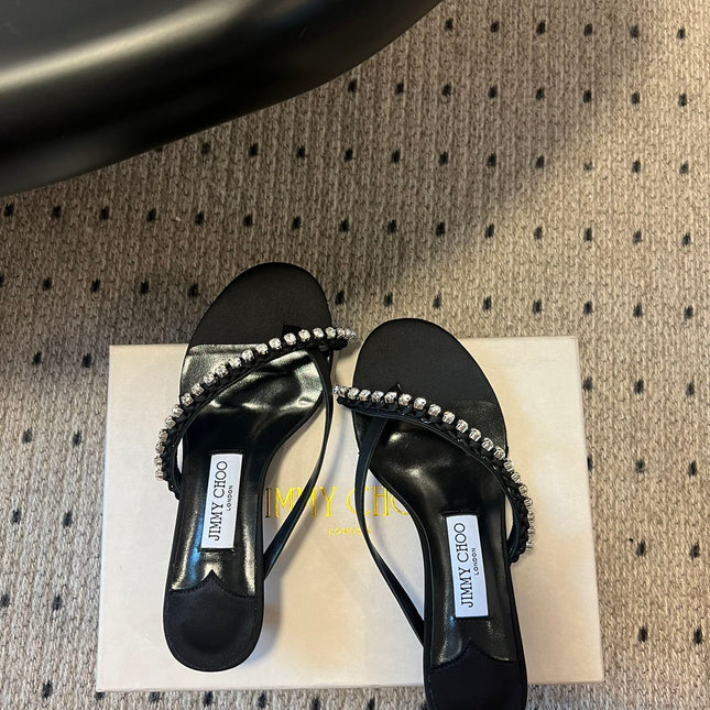 JIMMY CHOO 26S CRYSTAL THONG SANDALS 45 MM IN BLACK LAMBSKIN