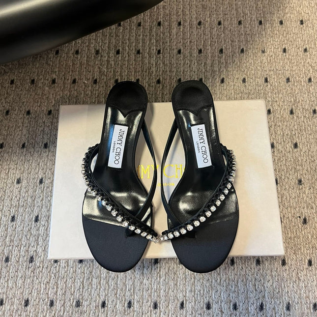 JIMMY CHOO 26S CRYSTAL THONG SANDALS 45 MM IN BLACK LAMBSKIN