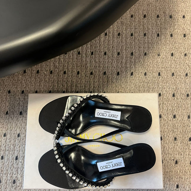 JIMMY CHOO 26S CRYSTAL THONG SANDALS 45 MM IN BLACK LAMBSKIN