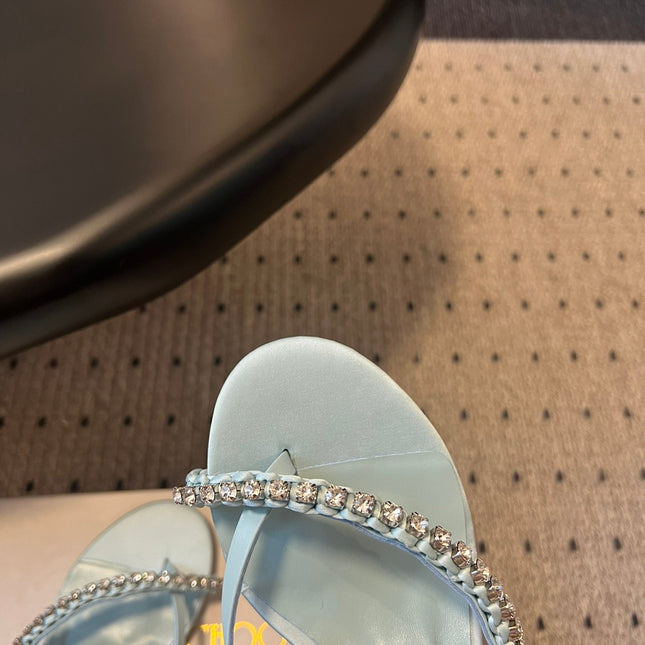 JIMMY CHOO 26S CRYSTAL THONG SANDALS 45 MM IN PASTEL BLUE SATIN AND LAMBSKIN