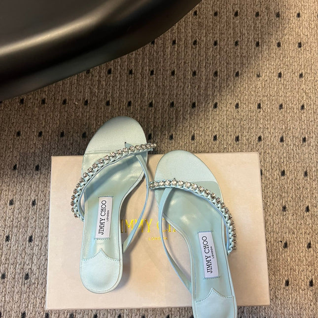JIMMY CHOO 26S CRYSTAL THONG SANDALS 45 MM IN PASTEL BLUE SATIN AND LAMBSKIN