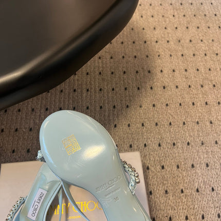 JIMMY CHOO 26S CRYSTAL THONG SANDALS 45 MM IN PASTEL BLUE SATIN AND LAMBSKIN