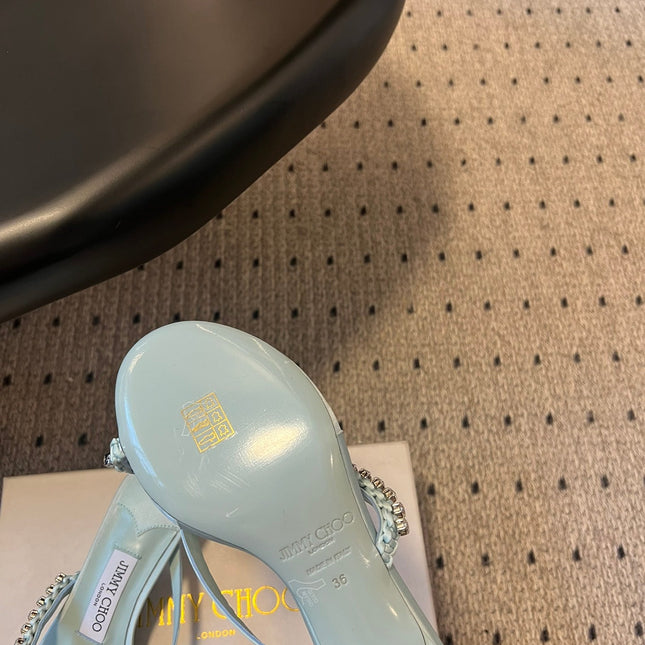 JIMMY CHOO 26S CRYSTAL THONG SANDALS 45 MM IN PASTEL BLUE SATIN AND LAMBSKIN