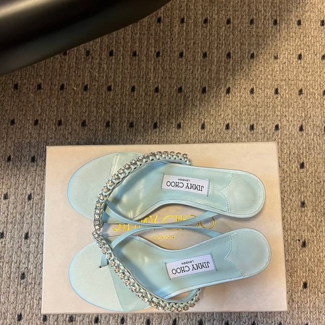JIMMY CHOO 26S CRYSTAL THONG SANDALS 45 MM IN PASTEL BLUE SATIN AND LAMBSKIN