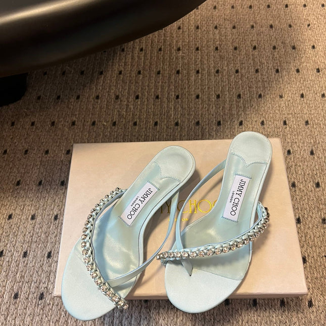JIMMY CHOO 26S CRYSTAL THONG SANDALS 45 MM IN PASTEL BLUE SATIN AND LAMBSKIN