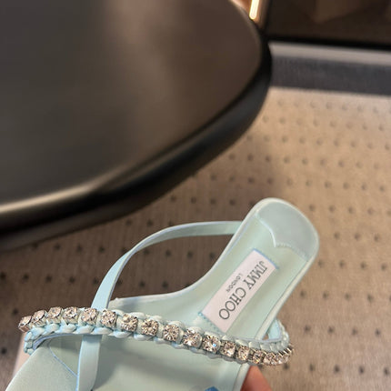 JIMMY CHOO 26S CRYSTAL THONG SANDALS 45 MM IN PASTEL BLUE SATIN AND LAMBSKIN