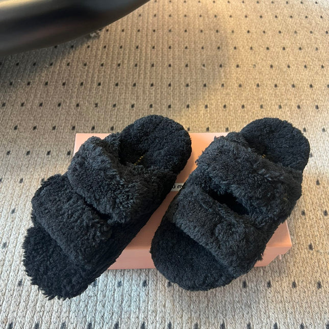 MIUMIU 26S SHEEPSKIN SLIPPERS IN BLACK