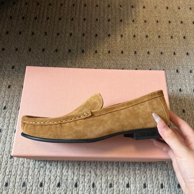 MIUMIU 26S LOAFERS IN TAN BROWN SUEDE