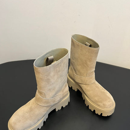 PRADA 25S PLATFORM ANKLE BOOTS IN BEIGE SUEDE WITH GOLD HARDWARE