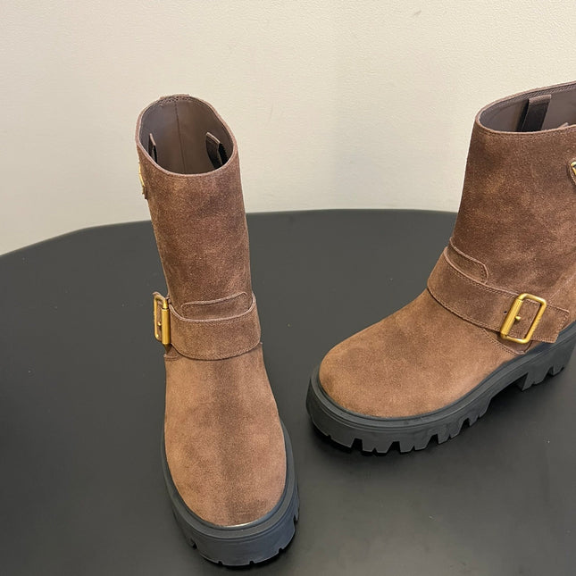 PRADA 25S PLATFORM ANKLE BOOTS IN BROWN SUEDE WITH GOLD HARDWARE