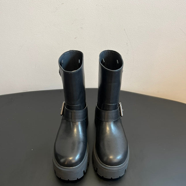 PRADA 25S PLATFORM ANKLE BOOTS IN BLACK CALFSKIN WITH SILVER HARDWARE