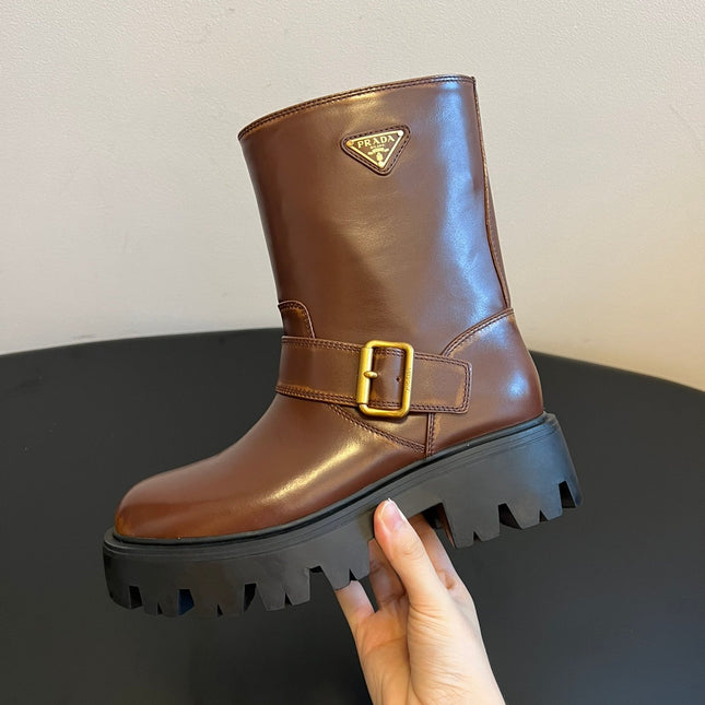 PRADA 25S PLATFORM ANKLE BOOTS IN BROWN CALFSKIN WITH GOLD HARDWARE