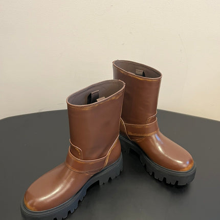 PRADA 25S PLATFORM ANKLE BOOTS IN BROWN CALFSKIN WITH GOLD HARDWARE