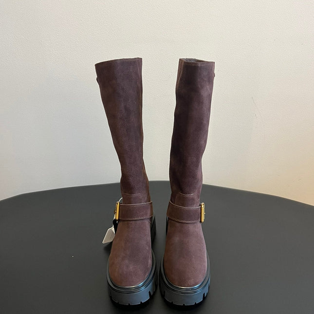 PRADA 25S HIGH-CUT PLATFORM BOOTS IN BROWN SUEDE WITH GOLD HARDWARE