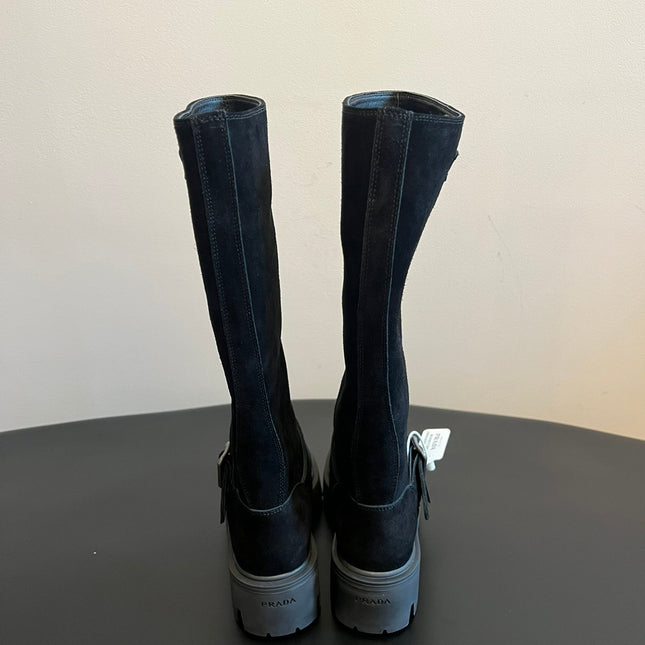 PRADA 25S HIGH-CUT PLATFORM BOOTS IN BLACK SUEDE WITH SILVER HARDWARE