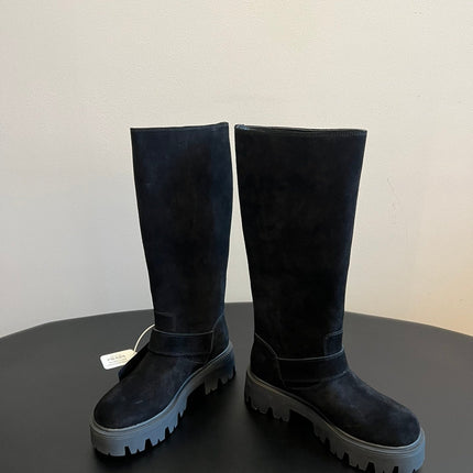 PRADA 25S HIGH-CUT PLATFORM BOOTS IN BLACK SUEDE WITH SILVER HARDWARE