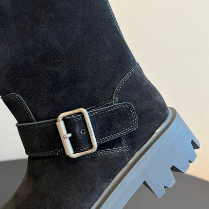 PRADA 25S HIGH-CUT PLATFORM BOOTS IN BLACK SUEDE WITH SILVER HARDWARE