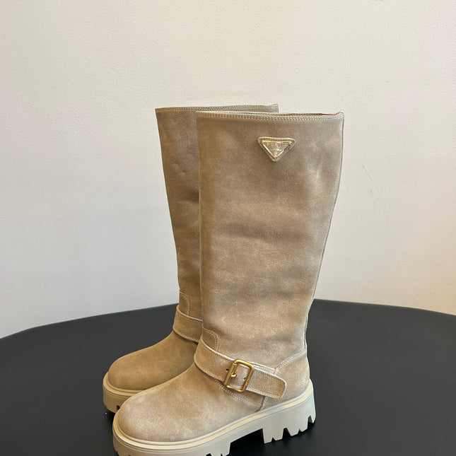 PRADA 25S HIGH-CUT PLATFORM BOOTS IN DARK BEIGE SUEDE WITH GOLD HARDWARE