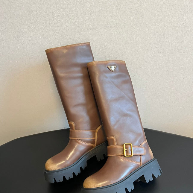 PRADA 25S HIGH-CUT PLATFORM BOOTS IN BROWN CALFSKIN WITH GOLD HARDWARE