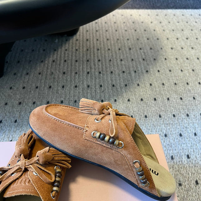 MIUMIU 26S MULES IN CARAMEL BROWN SUEDE