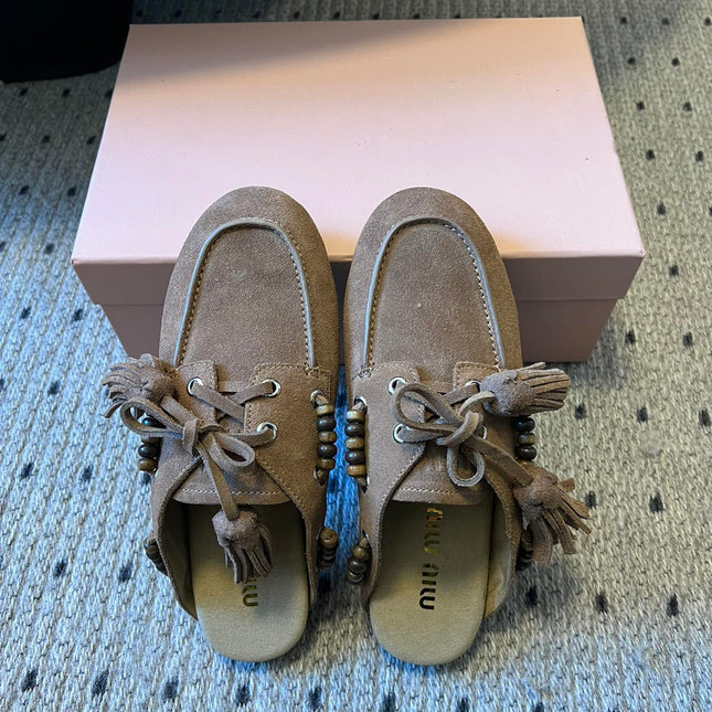 MIUMIU 26S MULES IN TAUPE BROWN SUEDE