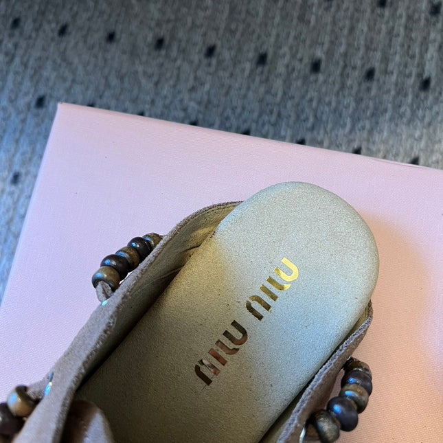 MIUMIU 26S MULES IN TAUPE BROWN SUEDE