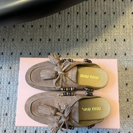 MIUMIU 26S MULES IN TAUPE BROWN SUEDE