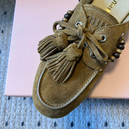 MIUMIU 26S MULES IN OLIVE BROWN SUEDE