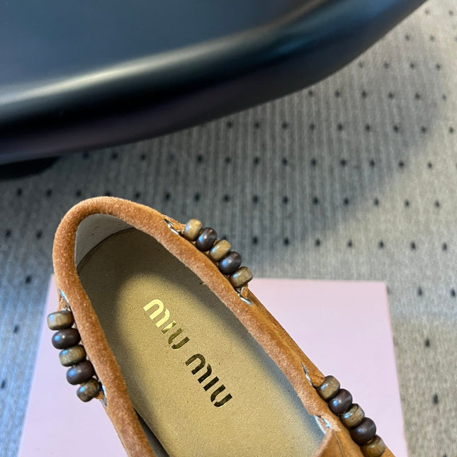 MIUMIU 26S TASSEL LOAFERS IN CARAMEL BROWN SUEDE