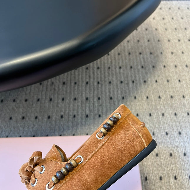 MIUMIU 26S TASSEL LOAFERS IN CARAMEL BROWN SUEDE