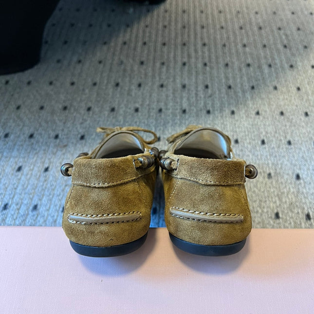 MIUMIU 26S TASSEL LOAFERS IN OLIVE BROWN SUEDE