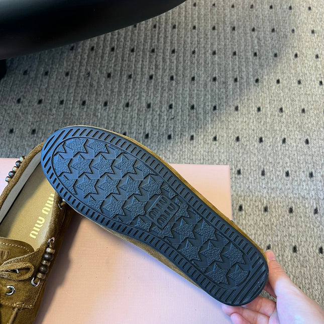 MIUMIU 26S TASSEL LOAFERS IN OLIVE BROWN SUEDE