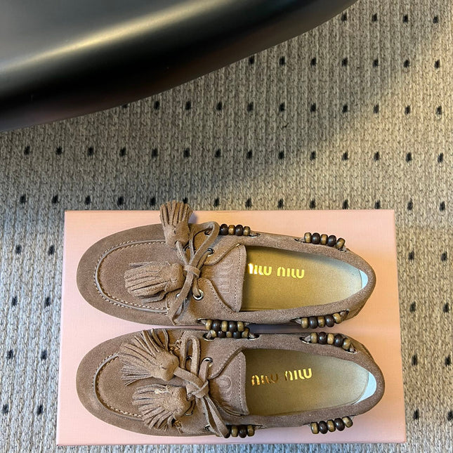 MIUMIU 26S TASSEL LOAFERS IN TAUPE BROWN SUEDE