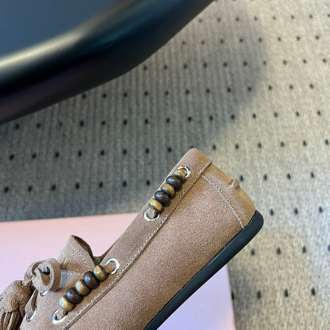 MIUMIU 26S TASSEL LOAFERS IN TAUPE BROWN SUEDE